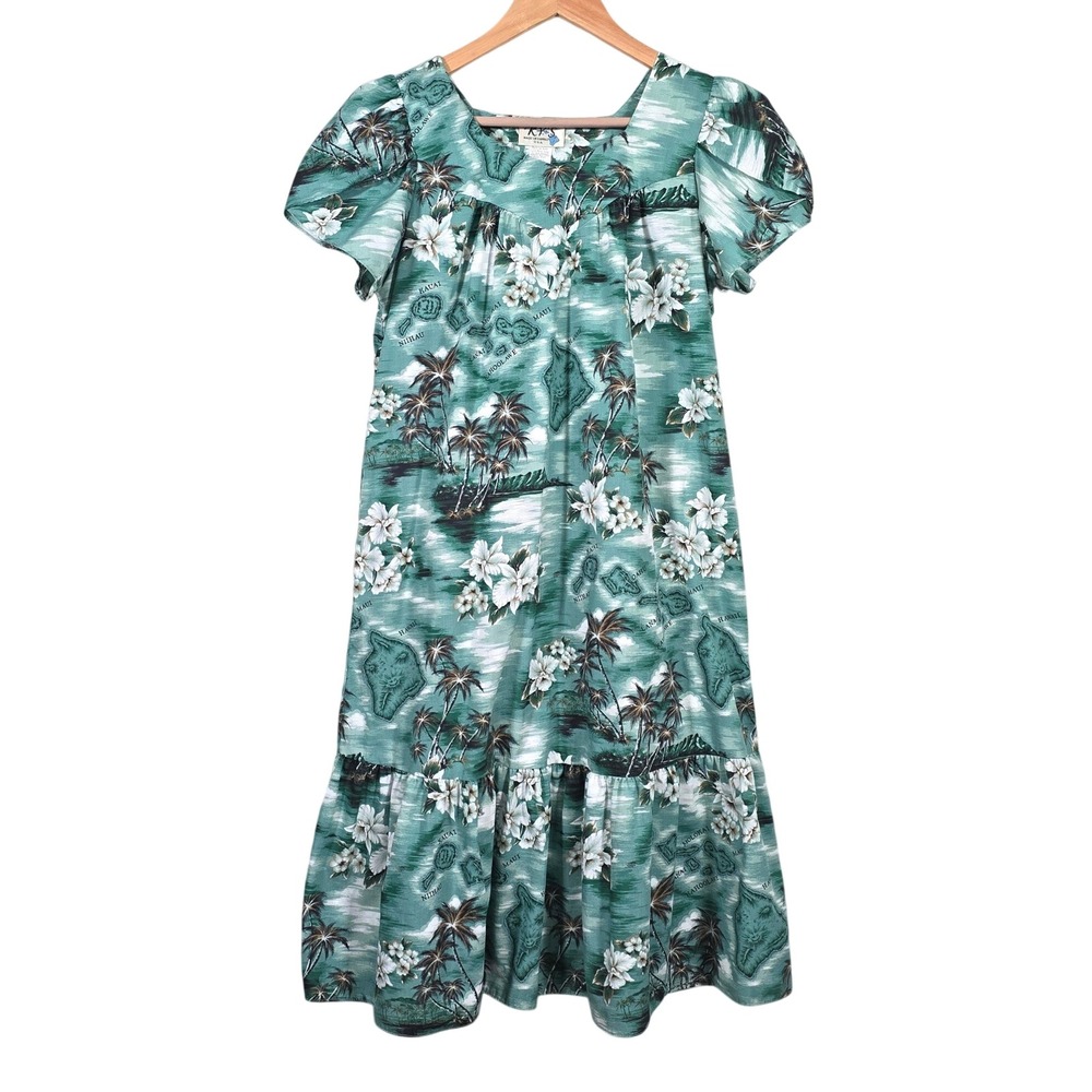 KY'S‎ Hawaiian Muumuu Dress Womens Small Green Palm Tree Floral Ruffle Vii